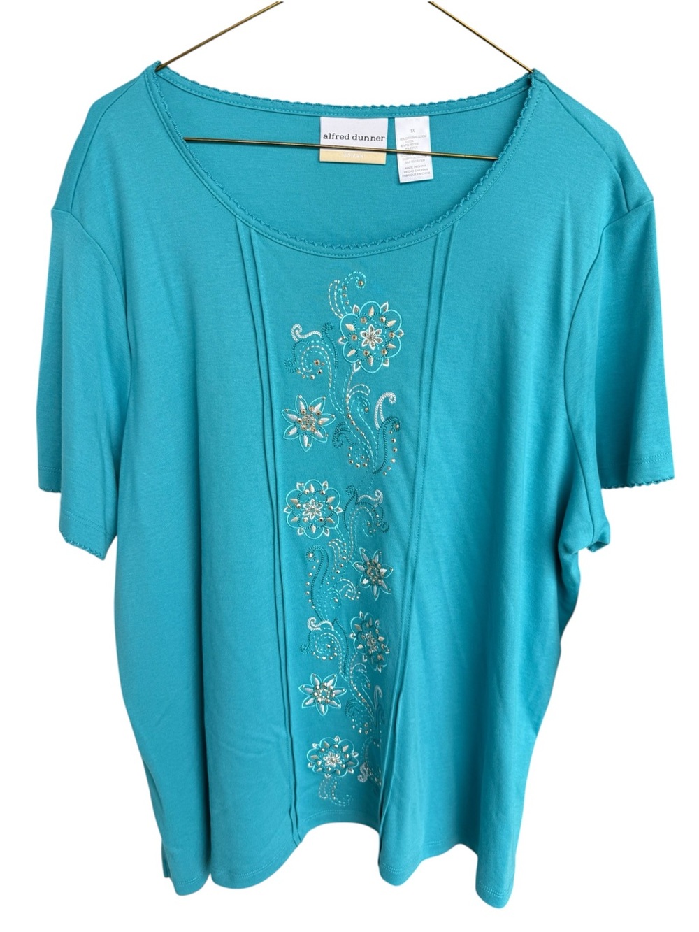 Alfred Dunner NWT Cozumel 2016 Short Sleeve Tee with Embellished Floral Panel